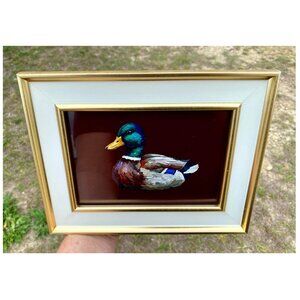 Mallard Duck with Burgandy Background Print in a Gold Frame 7.5"tall x 9.75"wide